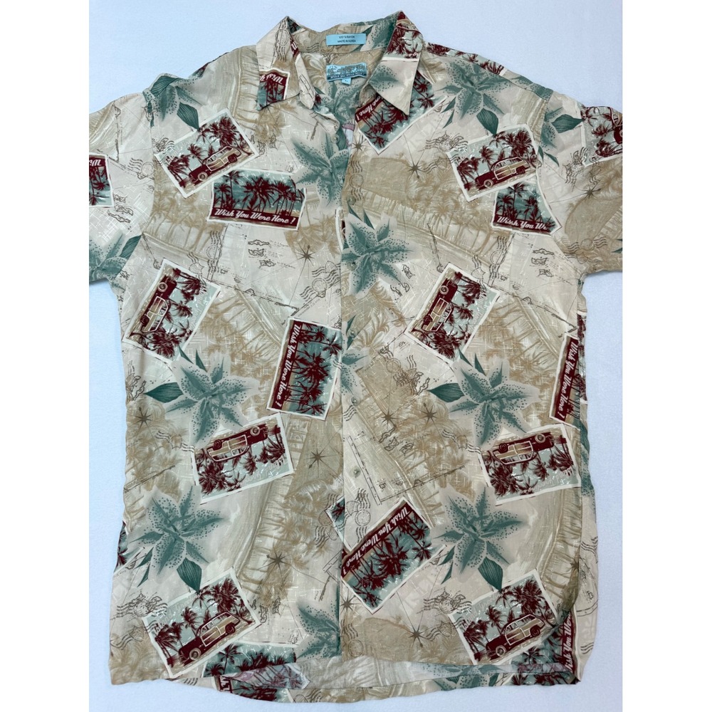 Campia Mens Hawaiian Shirt Large Tan Rayon Postcard Woodie‎ Car Tropical Button